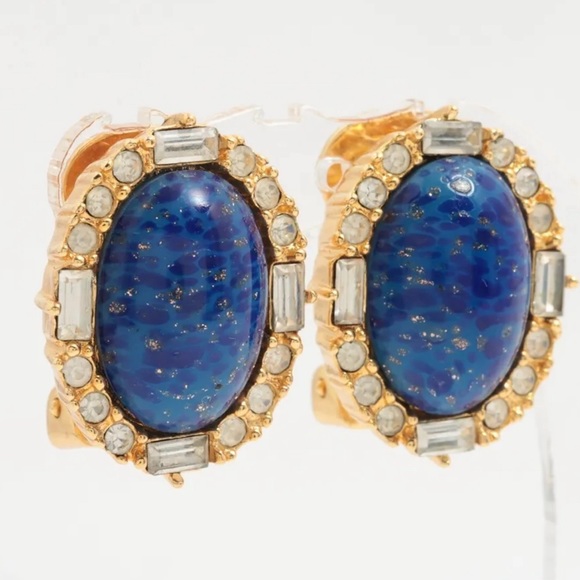 Christian Dior Clip On Crystal Runway Statement Earrings Gold Blue - Picture 2 of 5